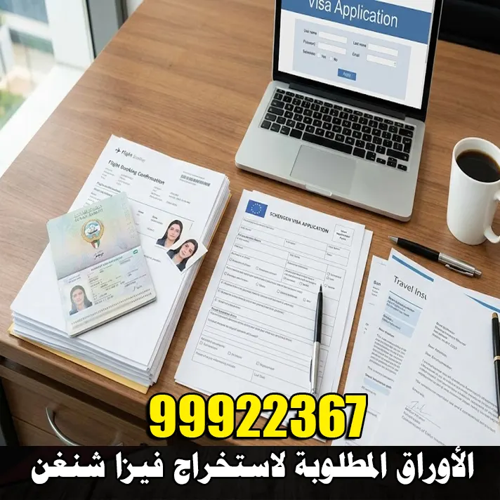 استخراج فيزا شنغن من الكويت 2 نموذج طلب فيزا شنغن مع جواز سفر كويتي وحجوزات السفر والمستندات المطلوبة على مكتب تجهيز الملفات.