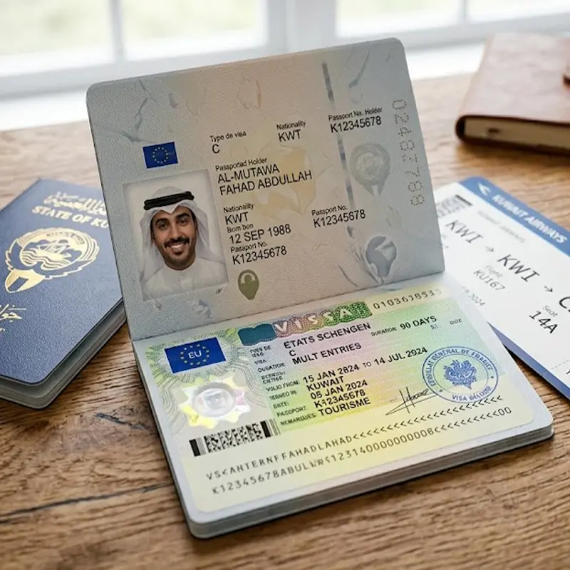 تجهيزات الرحلة (الكويت - باريس).يشمل  الفيزا والتذكرة وجواز السفر.